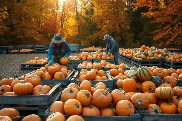 Fall harvest of pumpkins, squash, and root vegetables