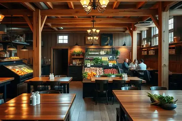 Farm-to-table restaurant interior with fresh produce display