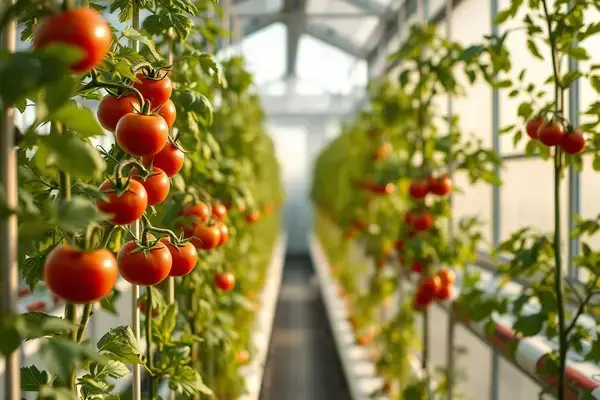 Interior of our climate-controlled greenhouse with tomato plants