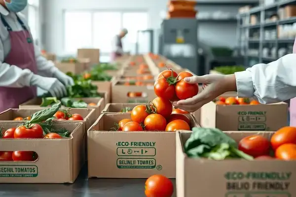 Workers hand-packing produce into eco-friendly containers
