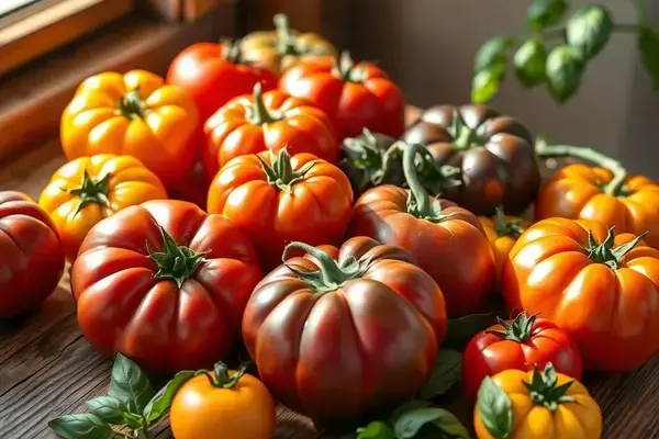 Assorted heirloom tomatoes in various colors and sizes