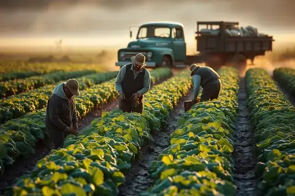 Morning harvest crew picking vegetables at dawn