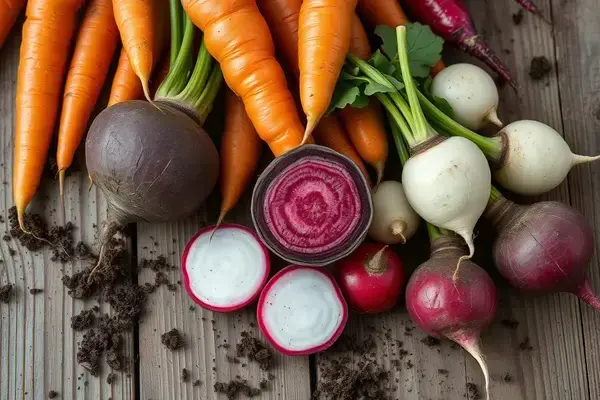 Colorful array of fresh carrots, beets, and radishes刚从 soil中拔出
