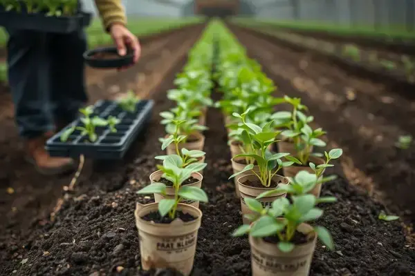 Spring planting season with greenhouse seedlings