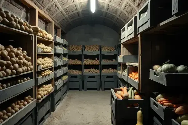 Winter root cellar and storage with crops preserved for off-season