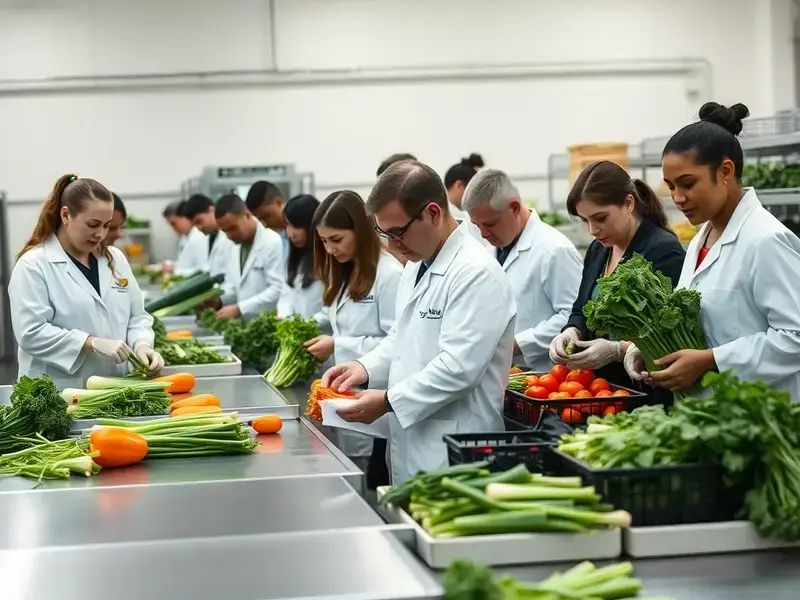 Quality control team at Bishop Stables examining fresh produce before packing