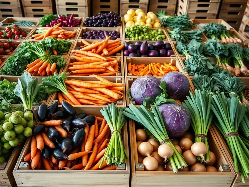 Various categories of fresh produce packed in wooden crates at Bishop Stables facility