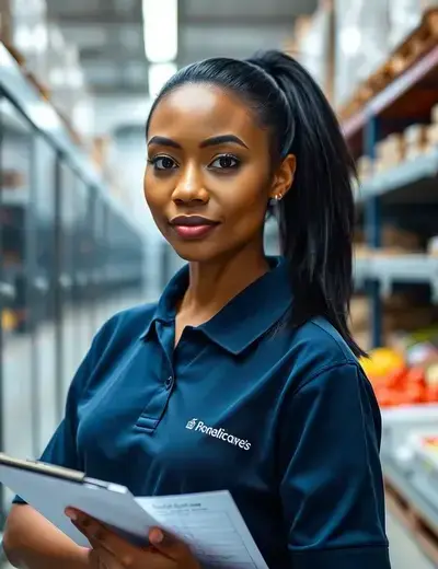 Diana Santos, 38, logistics coordinator with clipboard at cold storage facility