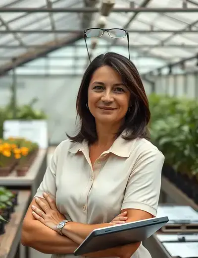 Margaret Chen, 45, operations director with reading glasses and organized desk